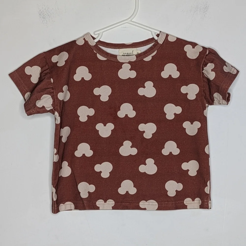 Magical Mamas Brown & Off White Mickey Mouse T-shirt & Pant Set In 3T